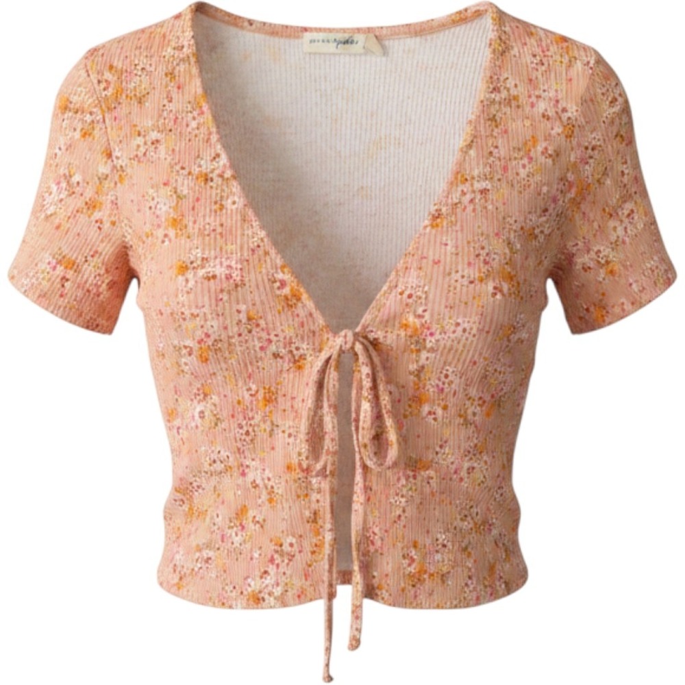 Live to be Spoiled Tie Front Top Womens Large Peach Floral Ribbed Boho Excellent